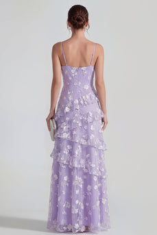 Lilac A Line Spaghetti Straps Floral Maxi Formal Dress with Ruffles