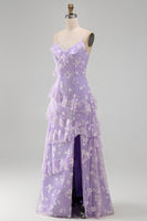 Load image into Gallery viewer, Lilac A Line Spaghetti Straps Floral Maxi Formal Dress with Ruffles