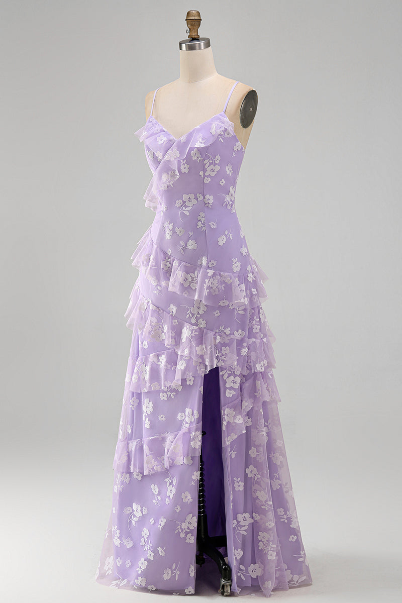 Load image into Gallery viewer, Lilac A Line Spaghetti Straps Floral Maxi Formal Dress with Ruffles