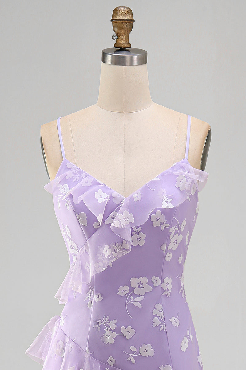 Load image into Gallery viewer, Lilac A Line Spaghetti Straps Floral Maxi Formal Dress with Ruffles