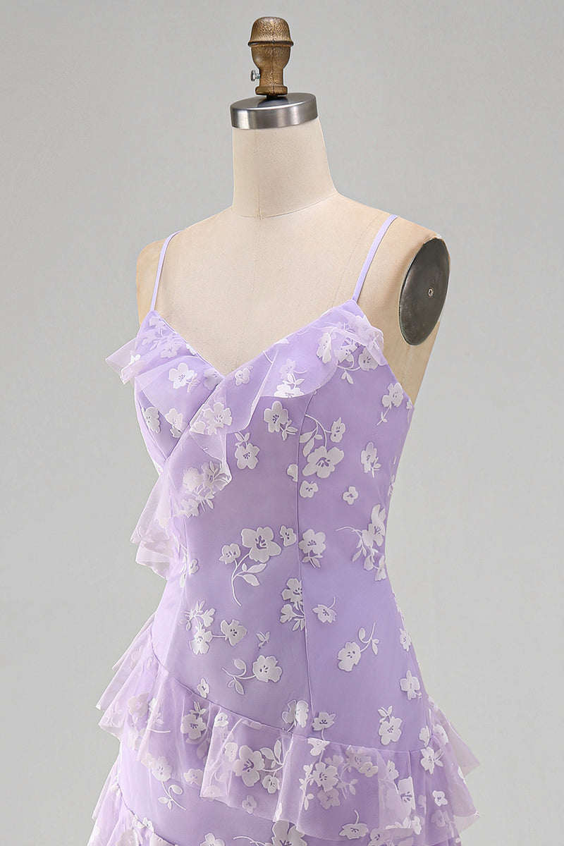Load image into Gallery viewer, Lilac A Line Spaghetti Straps Floral Maxi Formal Dress with Ruffles