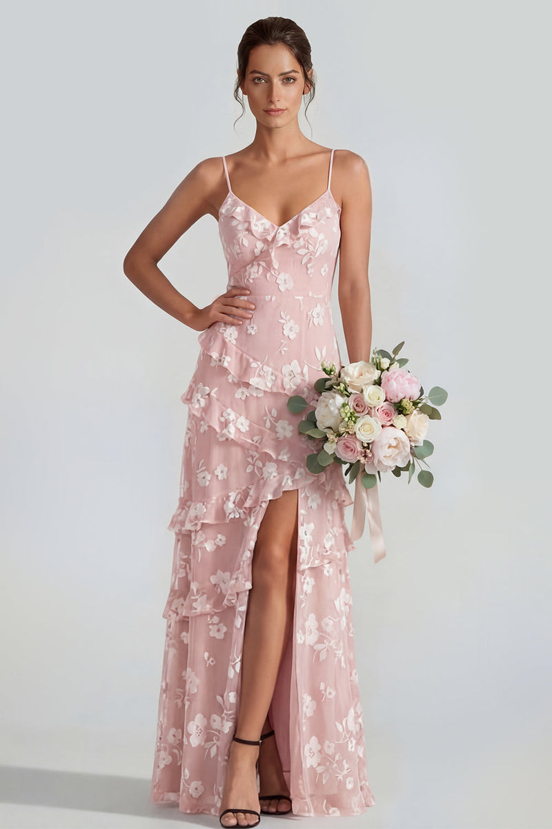 Load image into Gallery viewer, Lilac A Line Spaghetti Straps Floral Maxi Formal Dress with Ruffles