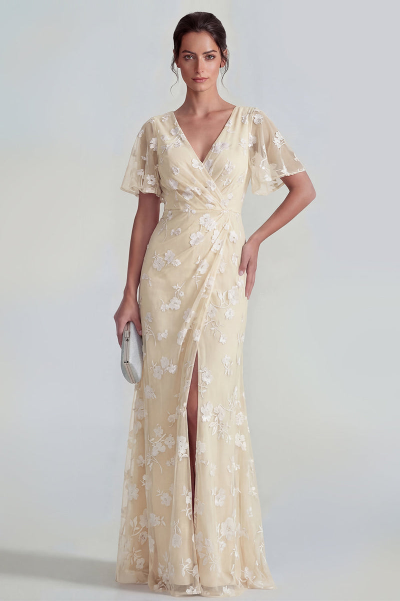 Load image into Gallery viewer, Lilac Floral Sheath Flutter Sleeves Ruched Maxi Formal Dress with Slit