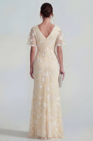 Load image into Gallery viewer, Lilac Floral Sheath Flutter Sleeves Ruched Maxi Formal Dress with Slit