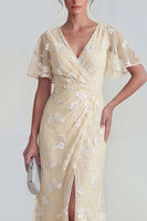 Load image into Gallery viewer, Lilac Floral Sheath Flutter Sleeves Ruched Maxi Formal Dress with Slit