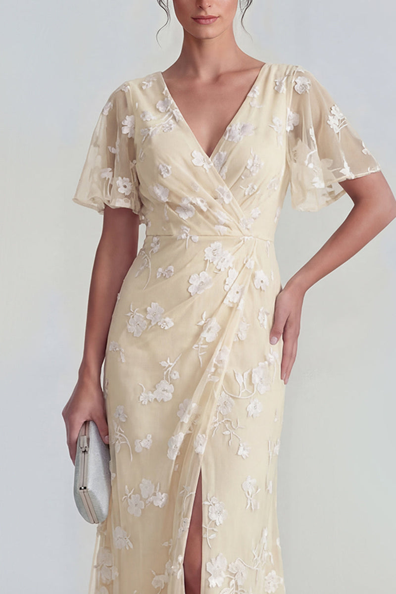 Load image into Gallery viewer, Lilac Floral Sheath Flutter Sleeves Ruched Maxi Formal Dress with Slit