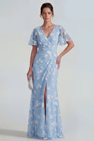 Load image into Gallery viewer, Lilac Floral Sheath Flutter Sleeves Ruched Maxi Formal Dress with Slit