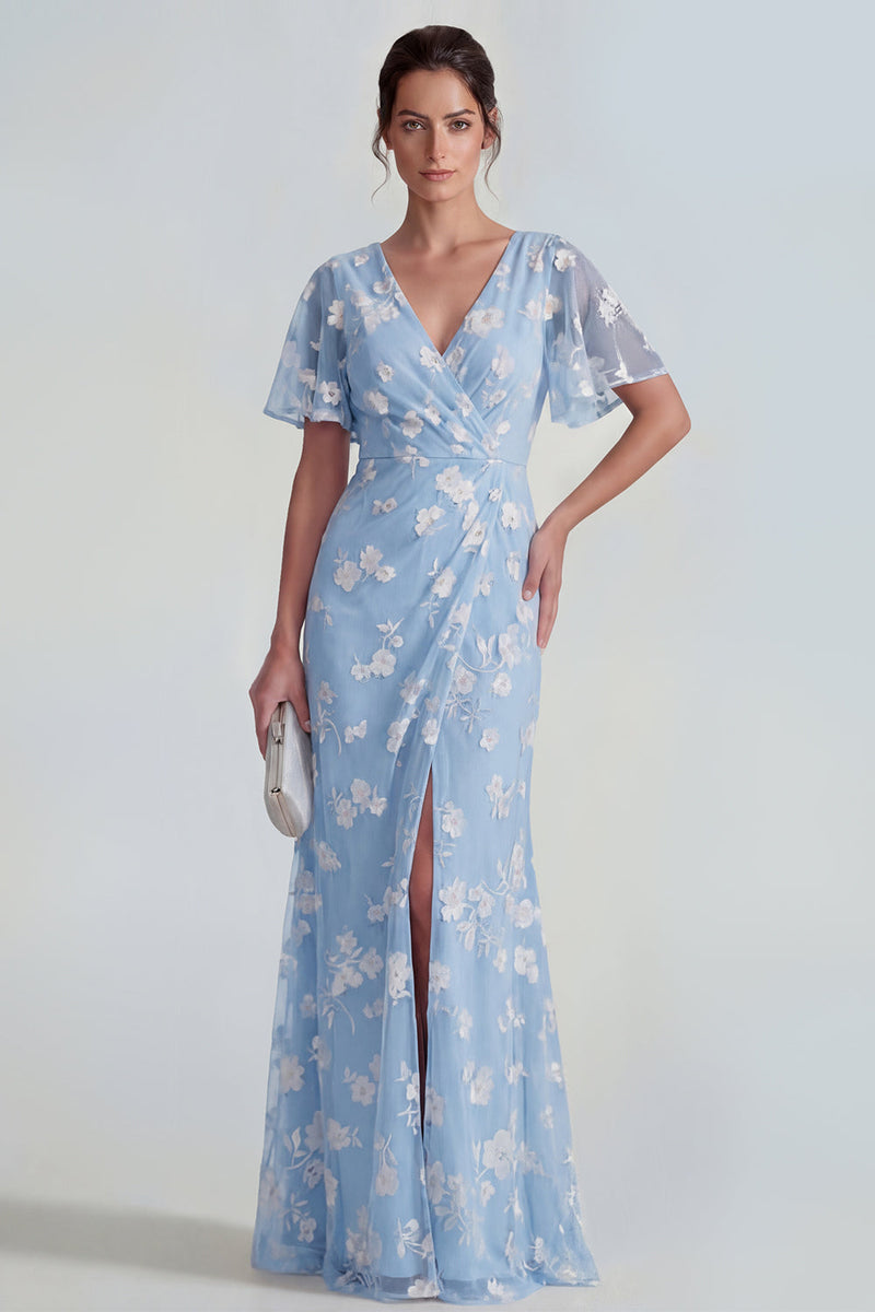 Load image into Gallery viewer, Lilac Floral Sheath Flutter Sleeves Ruched Maxi Formal Dress with Slit
