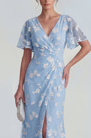 Load image into Gallery viewer, Lilac Floral Sheath Flutter Sleeves Ruched Maxi Formal Dress with Slit