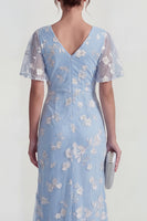 Load image into Gallery viewer, Lilac Floral Sheath Flutter Sleeves Ruched Maxi Formal Dress with Slit