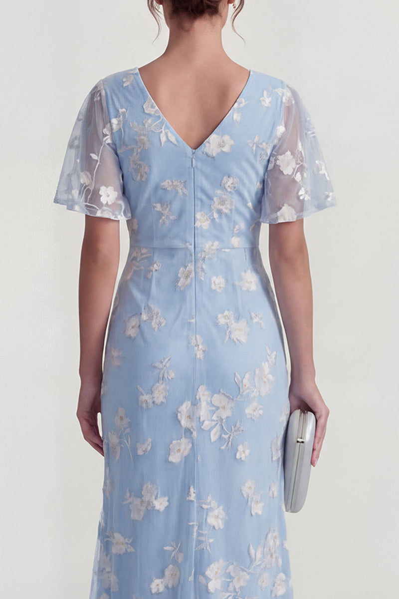 Load image into Gallery viewer, Lilac Floral Sheath Flutter Sleeves Ruched Maxi Formal Dress with Slit