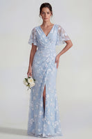 Load image into Gallery viewer, Lilac Floral Sheath Flutter Sleeves Ruched Maxi Formal Dress with Slit