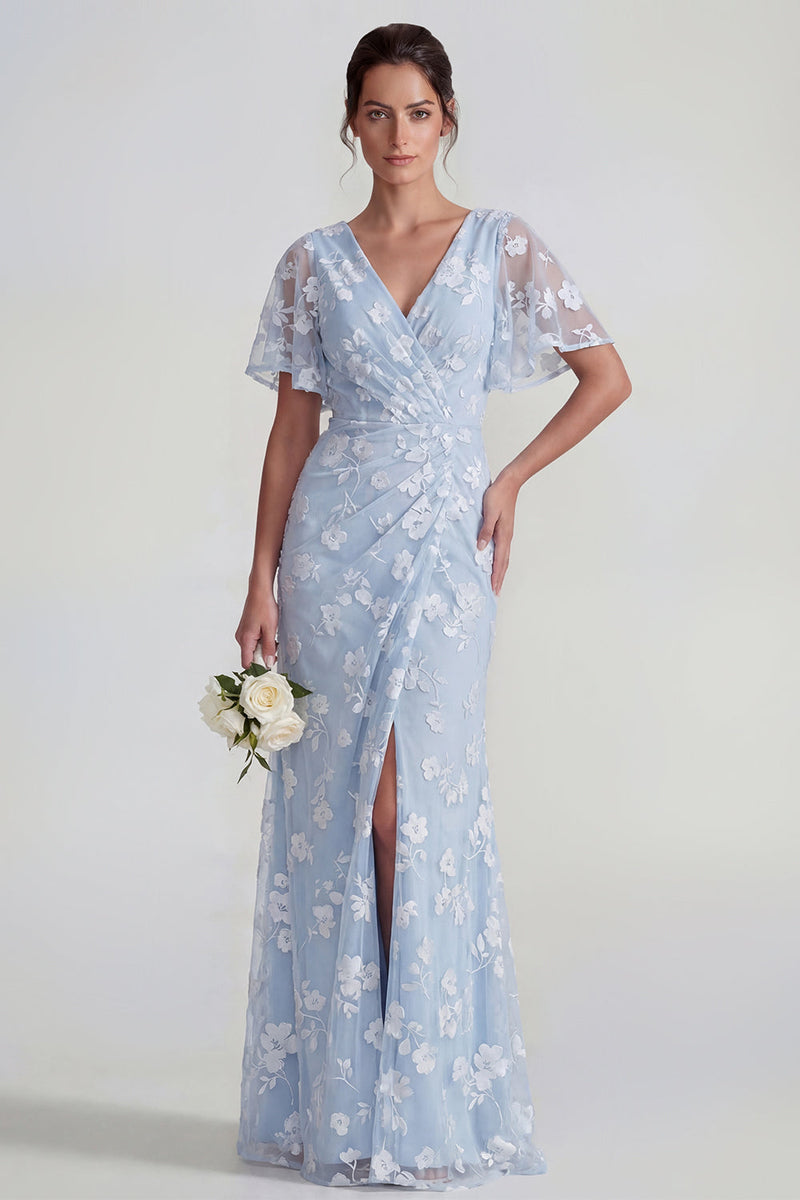 Load image into Gallery viewer, Lilac Floral Sheath Flutter Sleeves Ruched Maxi Formal Dress with Slit