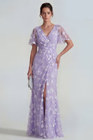 Load image into Gallery viewer, Lilac Floral Sheath Flutter Sleeves Ruched Maxi Formal Dress with Slit