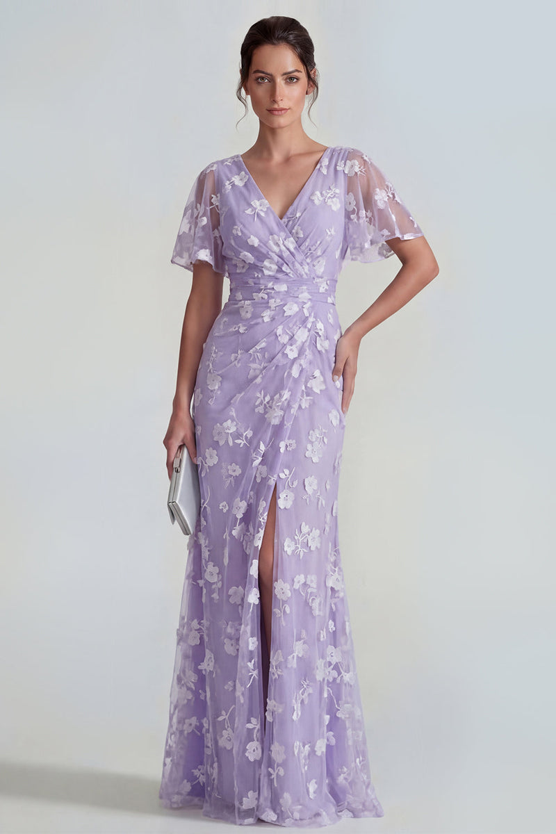 Load image into Gallery viewer, Lilac Floral Sheath Flutter Sleeves Ruched Maxi Formal Dress with Slit