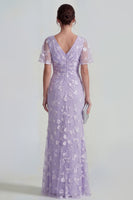 Load image into Gallery viewer, Lilac Floral Sheath Flutter Sleeves Ruched Maxi Formal Dress with Slit
