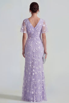 Lilac Floral Sheath Flutter Sleeves Ruched Maxi Formal Dress with Slit