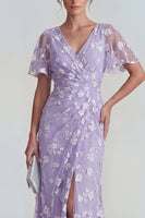 Load image into Gallery viewer, Lilac Floral Sheath Flutter Sleeves Ruched Maxi Formal Dress with Slit