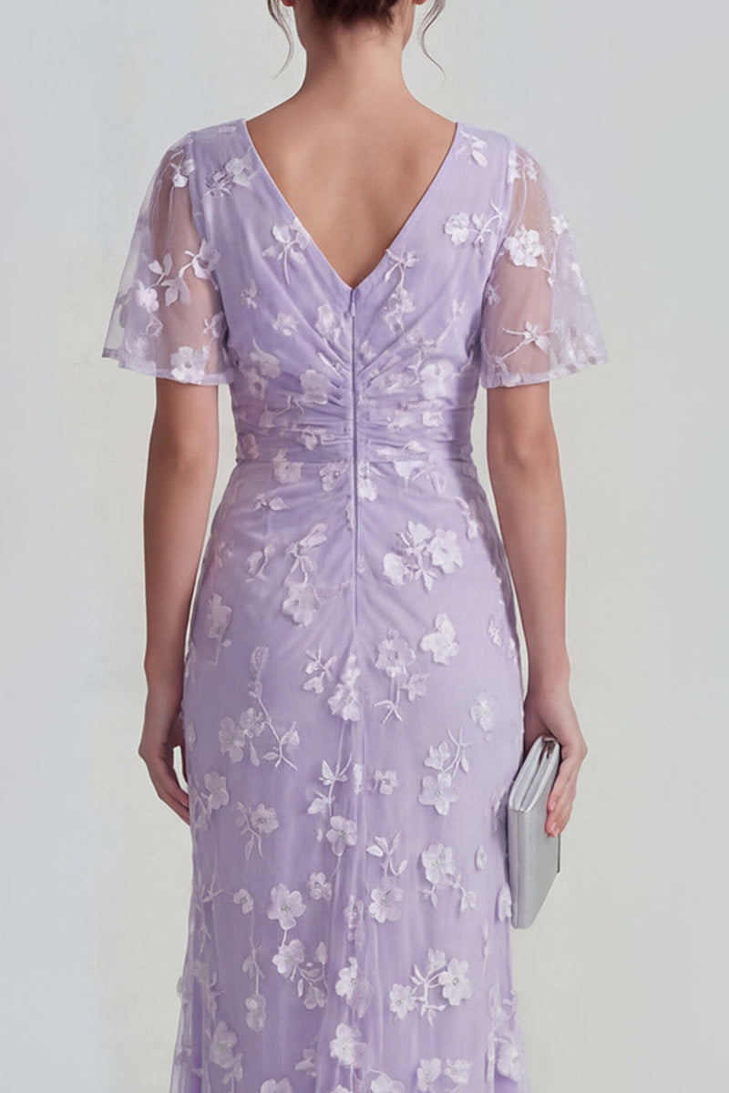 Load image into Gallery viewer, Lilac Floral Sheath Flutter Sleeves Ruched Maxi Formal Dress with Slit