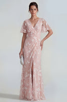 Load image into Gallery viewer, Lilac Floral Sheath Flutter Sleeves Ruched Maxi Formal Dress with Slit