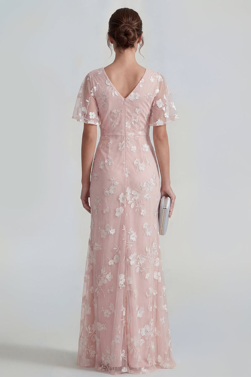 Load image into Gallery viewer, Lilac Floral Sheath Flutter Sleeves Ruched Maxi Formal Dress with Slit