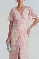 Load image into Gallery viewer, Lilac Floral Sheath Flutter Sleeves Ruched Maxi Formal Dress with Slit