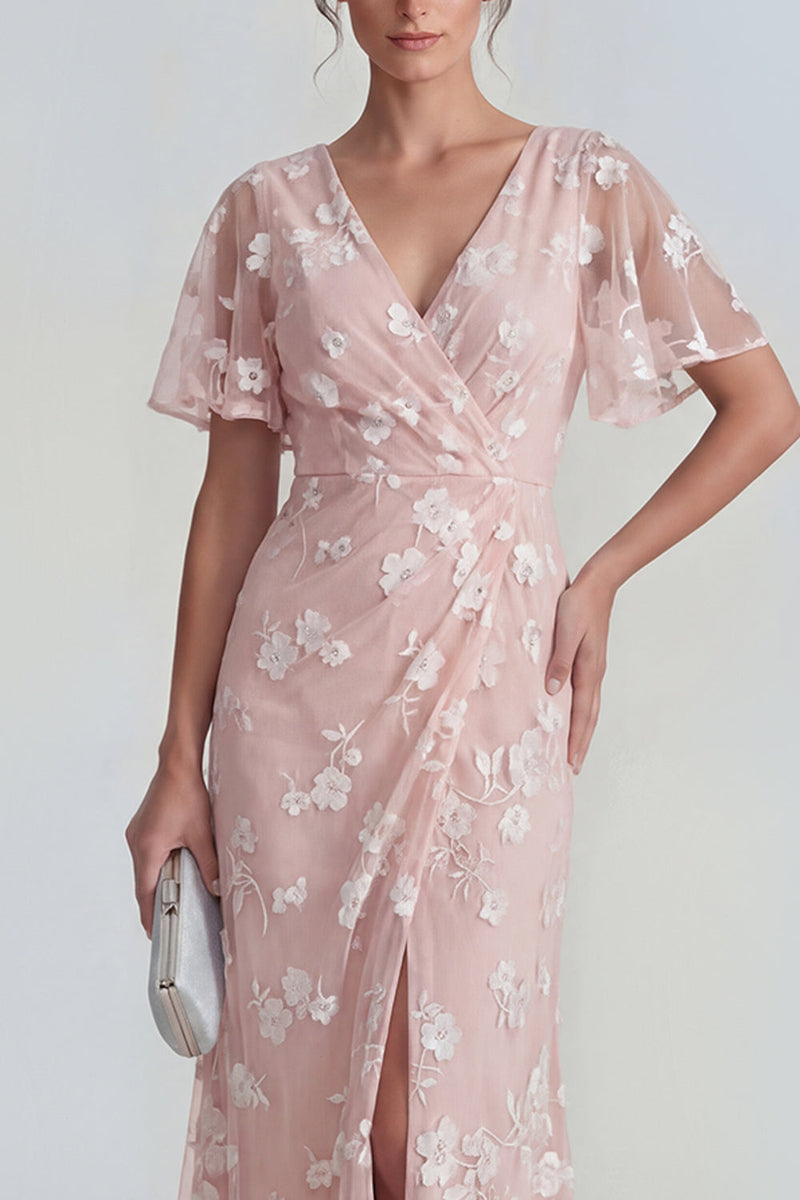 Load image into Gallery viewer, Lilac Floral Sheath Flutter Sleeves Ruched Maxi Formal Dress with Slit
