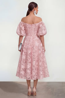 Pink Floral Puff Sleeves A Line Ruched Maxi Formal Dress