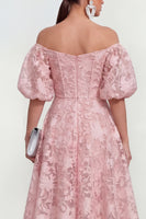 Load image into Gallery viewer, Pink Floral Puff Sleeves A Line Ruched Maxi Formal Dress