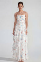 Load image into Gallery viewer, White Blue Flower A Line Spaghetti Straps Maxi Formal Dress with Ruffles