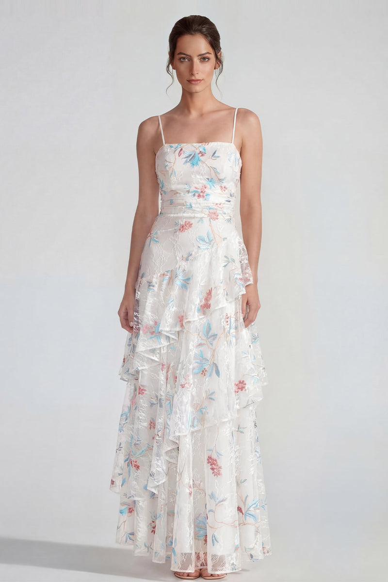 Load image into Gallery viewer, White Blue Flower A Line Spaghetti Straps Maxi Formal Dress with Ruffles