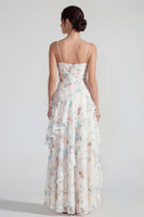Load image into Gallery viewer, White Blue Flower A Line Spaghetti Straps Maxi Formal Dress with Ruffles