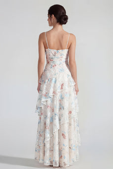 White Blue Flower A Line Spaghetti Straps Maxi Formal Dress with Ruffles