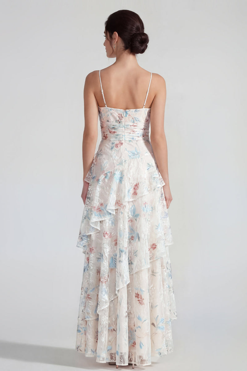 Load image into Gallery viewer, White Blue Flower A Line Spaghetti Straps Maxi Formal Dress with Ruffles