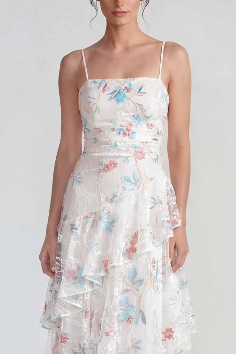 Load image into Gallery viewer, White Blue Flower A Line Spaghetti Straps Maxi Formal Dress with Ruffles