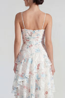 Load image into Gallery viewer, White Blue Flower A Line Spaghetti Straps Maxi Formal Dress with Ruffles