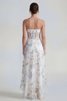 Load image into Gallery viewer, White Blue Flower A Line Strapless Long Corset Formal Dress with Ruffles