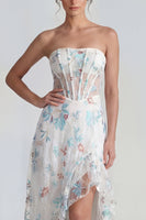 Load image into Gallery viewer, White Blue Flower A Line Strapless Long Corset Formal Dress with Ruffles