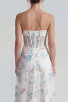 Load image into Gallery viewer, White Blue Flower A Line Strapless Long Corset Formal Dress with Ruffles