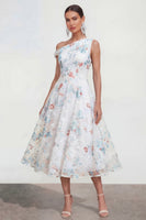 Load image into Gallery viewer, White Blue Flower A Line One Shoulder Maxi Formal Dress