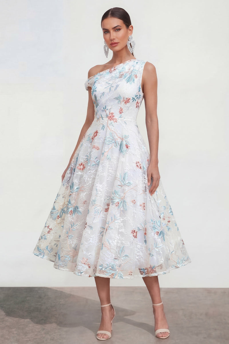 Load image into Gallery viewer, White Blue Flower A Line One Shoulder Maxi Formal Dress