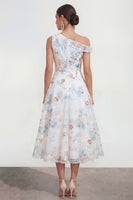 Load image into Gallery viewer, White Blue Flower A Line One Shoulder Maxi Formal Dress