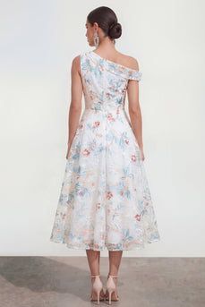 White Blue Flower A Line One Shoulder Maxi Formal Dress