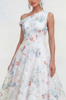 Load image into Gallery viewer, White Blue Flower A Line One Shoulder Maxi Formal Dress