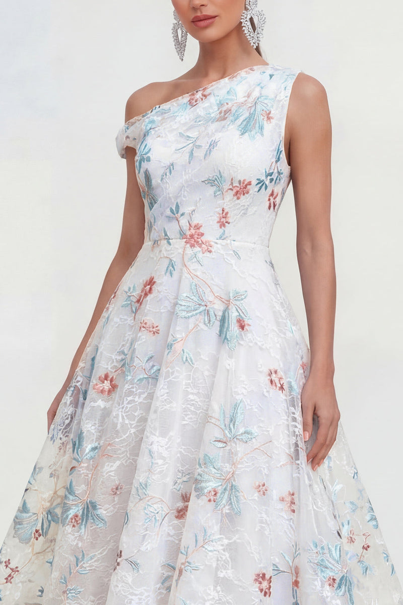 Load image into Gallery viewer, White Blue Flower A Line One Shoulder Maxi Formal Dress