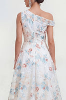 Load image into Gallery viewer, White Blue Flower A Line One Shoulder Maxi Formal Dress
