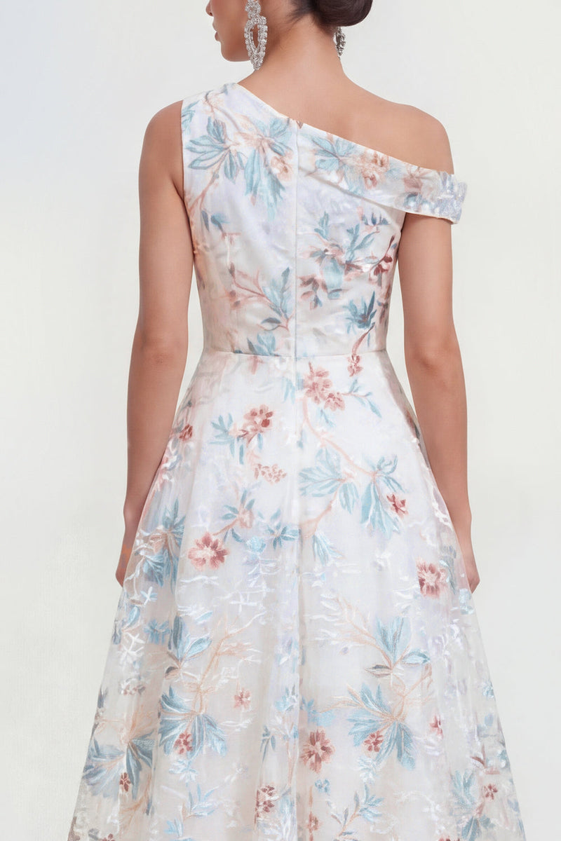 Load image into Gallery viewer, White Blue Flower A Line One Shoulder Maxi Formal Dress