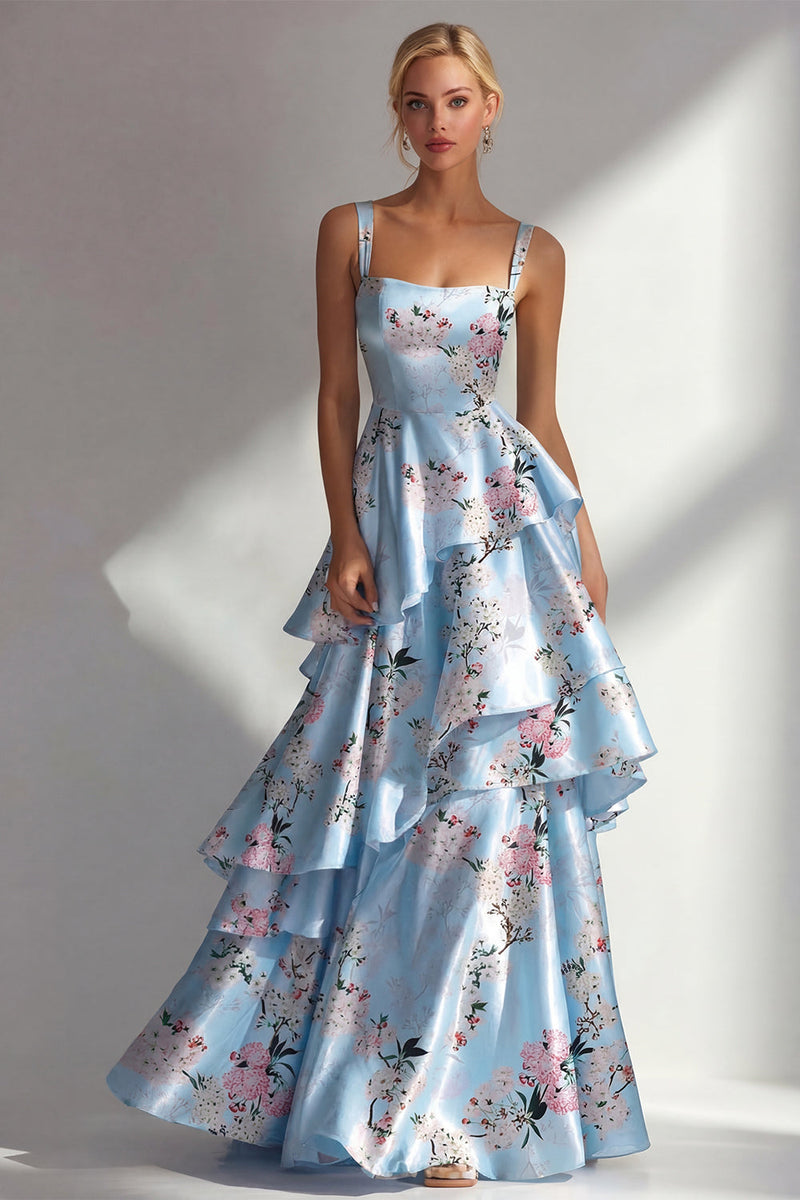Load image into Gallery viewer, Pink A Line Floral Square Neck Long Formal Dress with Ruffles