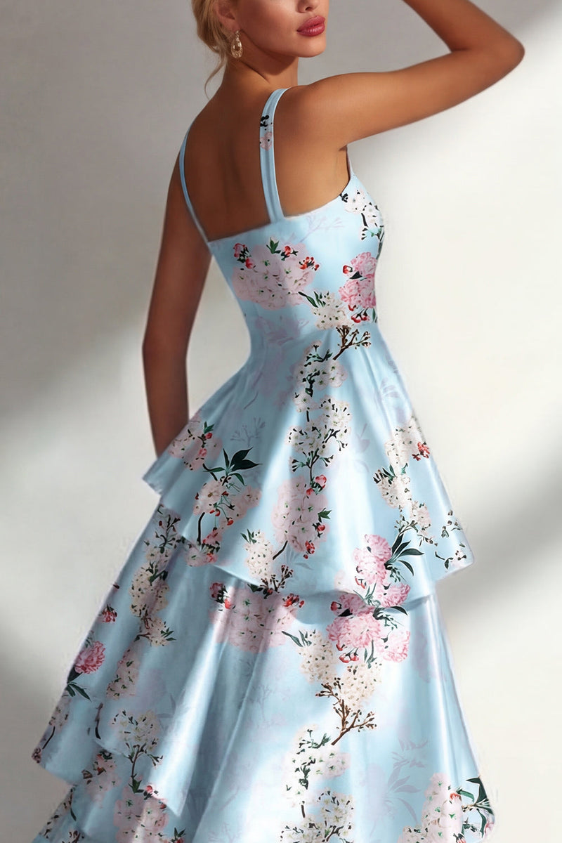 Load image into Gallery viewer, Pink A Line Floral Square Neck Long Formal Dress with Ruffles
