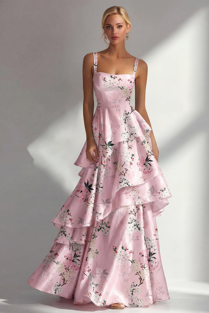 Load image into Gallery viewer, Pink A Line Floral Square Neck Long Formal Dress with Ruffles